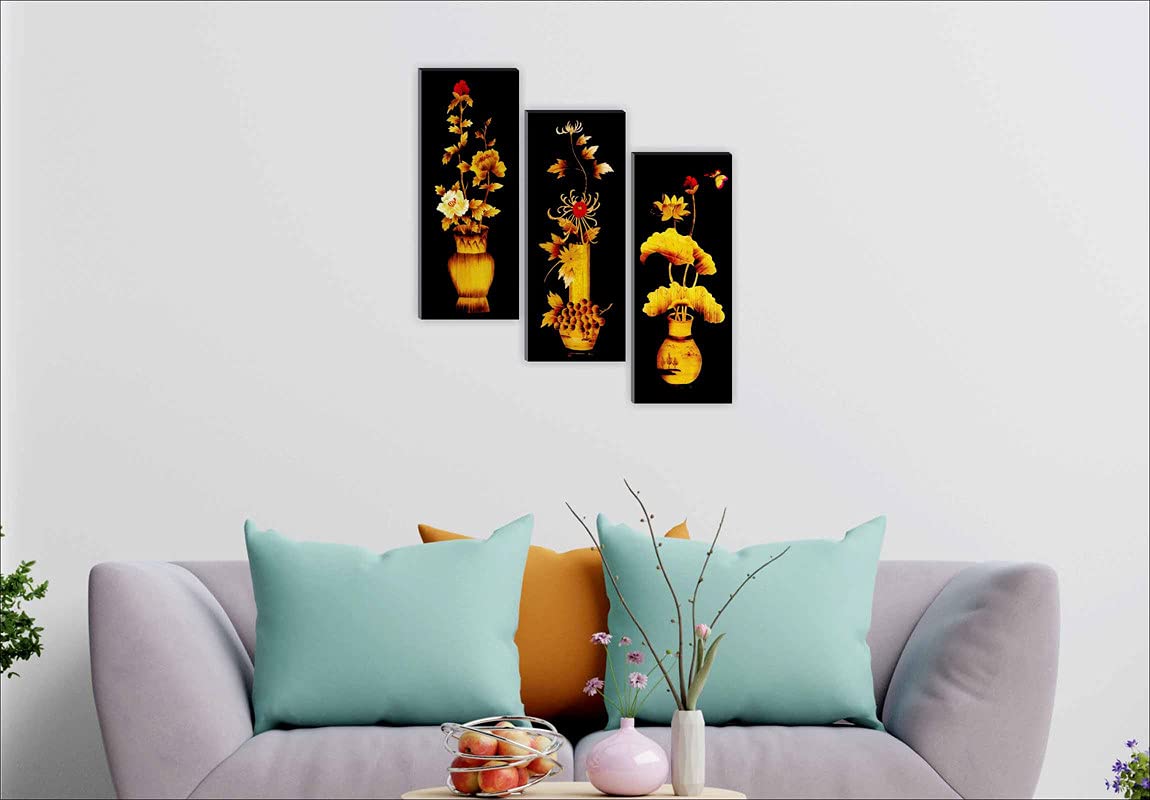 SAF paintings Set of 3 Flower Floral Pot UV Coated 6MM MDF Home Decorative Gift Item Painting 15 inch X 18 inch SANFJ25, Multicolour