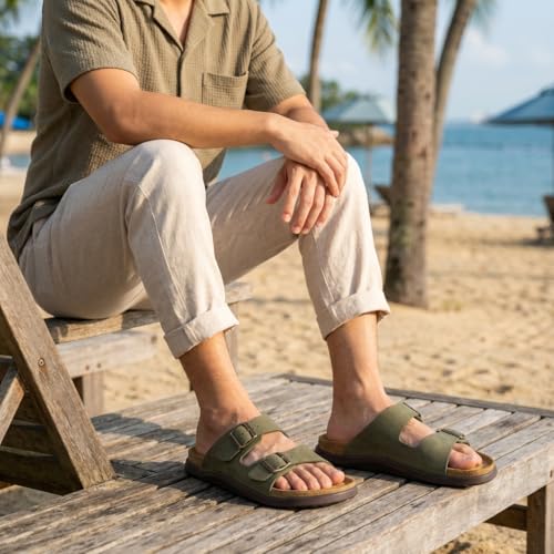 Image of CUSHIONAIRE Mars Double Buckle Slide Sandals for Men with Arch Support, Cork Footbed and EVA Outsole