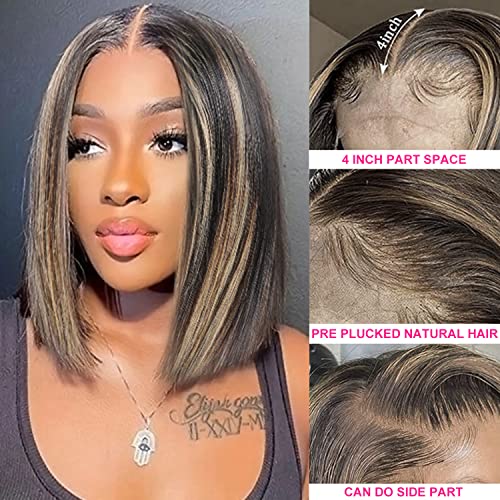 Pnex Highlight Bob Wigs Human Hair 13X4 Transparent Balayage Straight Lace Front Wigs Human Hair 150% Density Short Ombre Bob Wig Human Hair For Black Women Pre Plucked Natural Hairline (10Inch, Ab134-Wig-Balayage-St) #TOP1