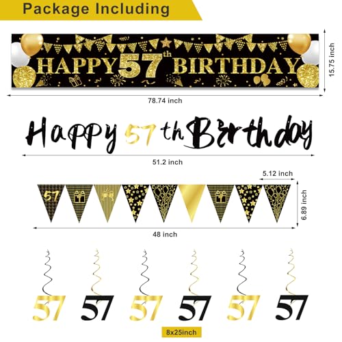 Image of 57th Birthday Decorations for Men, Black Gold 57th Party Decoration Kits | 27pcs Happy 57th Birthday Set, Banner, Honeycomb, Balloons, Gold Number, Candle, Hanging Swirls, Cake Topper, Party Supplies