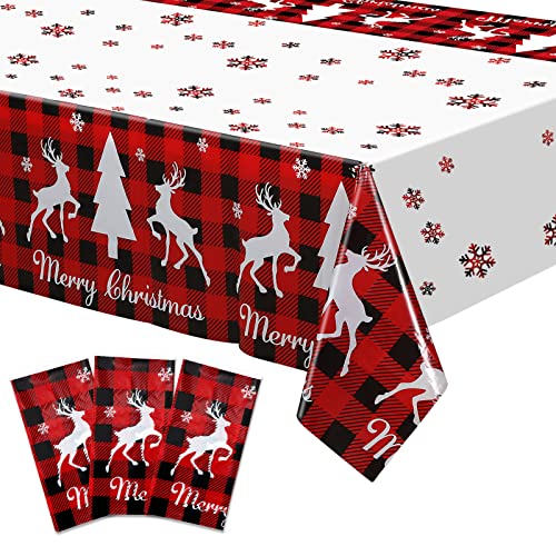 Merry Christmas Table Cloth Plastic Buffalo Plaid Table Cover Red and Black Checked Snowflake Tablecloth Rectangle Xmas Table Cover for Holiday Home Party Birthday Decor (54 x 108 Inches, 3 Pack)