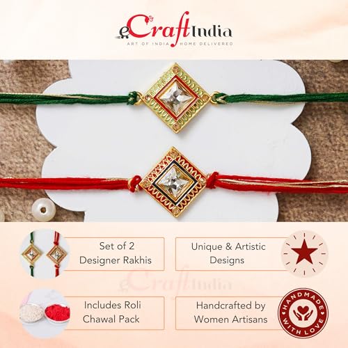 Image of eCraftIndia Multicolor Set of 2 Om Symbol and Peacock Designer Religious Rakhis with Roli Chawal Pack