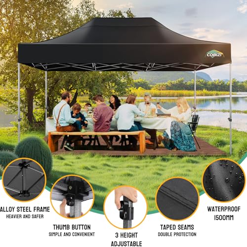 Image of COBIZI 10x15 Heavy Duty Pop Up Canopy Tent with 4 Sidewalls, Black