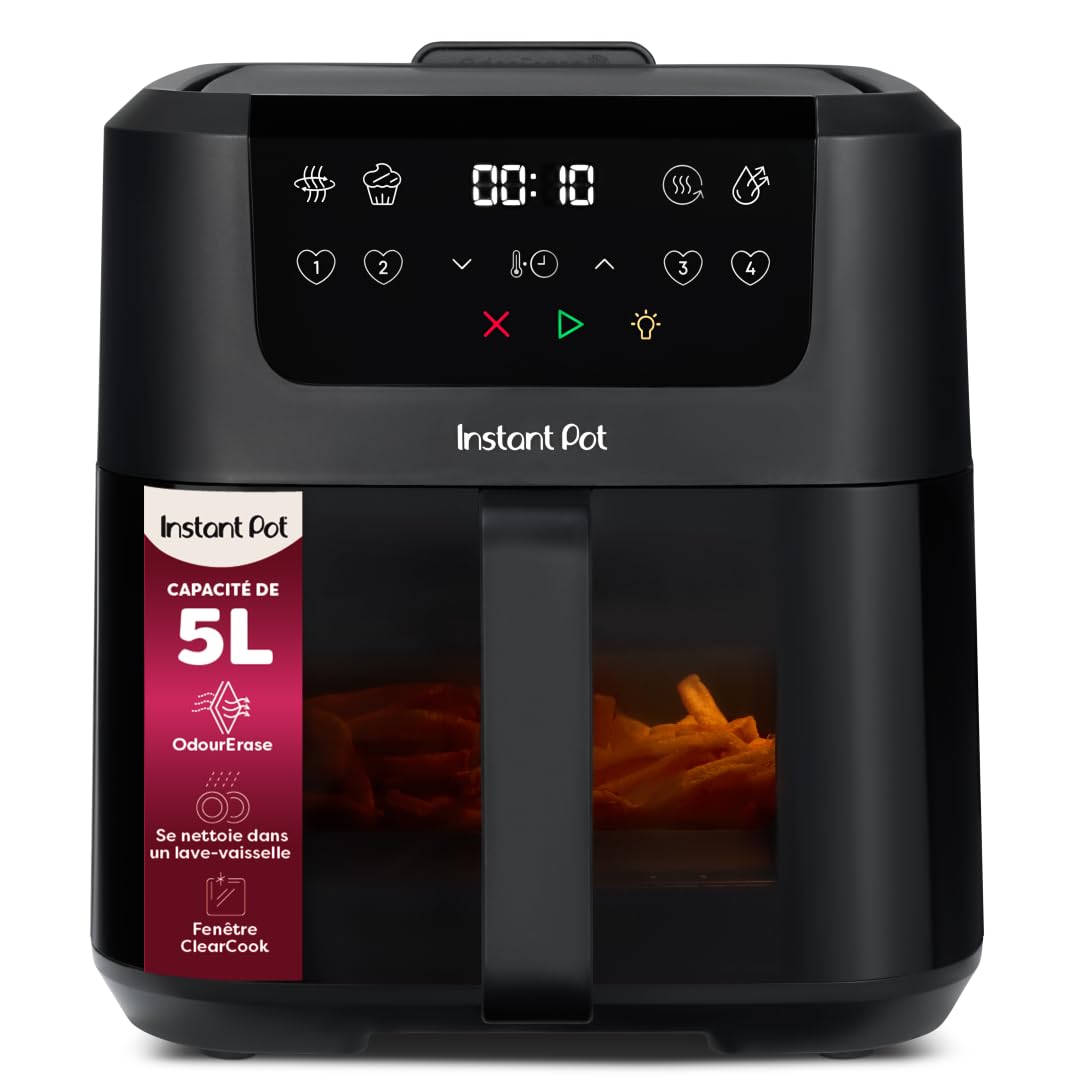 Instant Pot Vortex Compact Noir - Friteuse à air chaud 5 l, format familial, 4 en 1 - Air Fryer, séchage, cuisson, réchauffage, revêtement antiadhésif, facile à nettoyer, lavable au lave-vaisselle