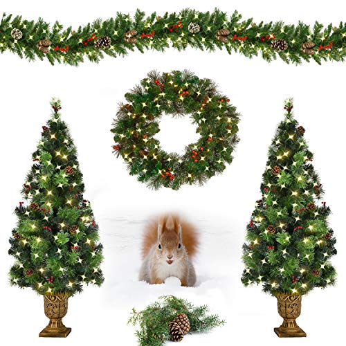 MOOSENG Christmas 4-Piece Set | Garland, Wreath and Set of 2 Entrance Trees Includes Pine Cones| Red Berries| Pre-Strung 180 Warm White Lights| Ideal for Home and Outdoor, 4ft, Green