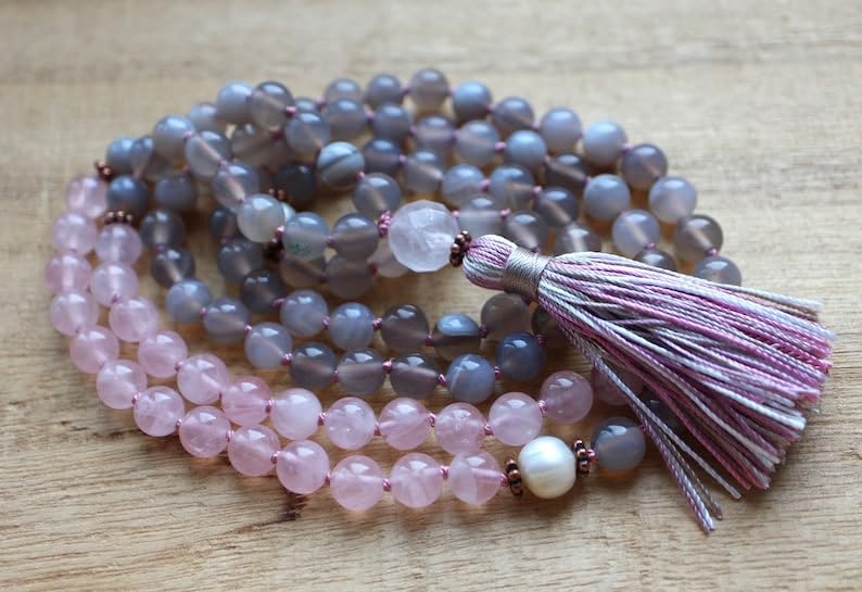 Cuentas Mala de ágata gris y cuarzo rosa, collar 108 Mala, mala anudada, collar WWG, joyería de yoga, cuentas de meditación, joyería espiritual, joyería bohemia, 34inch, Gema