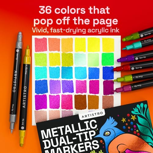 Image of ARTISTRO 36 Metallic Acrylic Paint Markers for Rock, Fabric, Wood, Glass, Eggs - Dual-Tip Paint Pens for Coloring Books for Adults, Teens - Art & Craft Supplies - Gift Idea - Easter Basket Stuffers