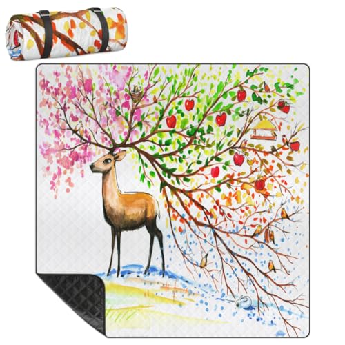 Shimoshe Extra Large Picnic Blankets 79”x 79”, Beautiful Bighorn Brown Deer Waterproof Foldable Picnic Mat with Straps Portable Beach Blanket for Camping Park Grass Beach Indoor