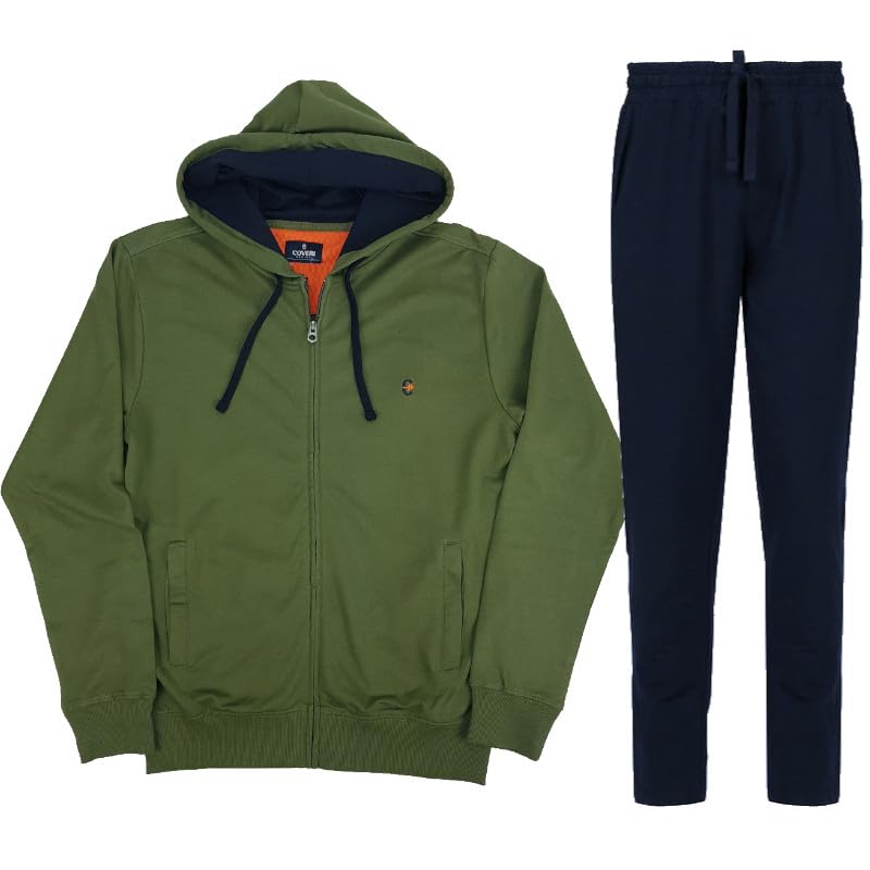 Coveri Tuta Uomo Completa da Ginnastica Cotone Garzato con Cappuccio Zip M L XL XXL 3XL (L - Militare)