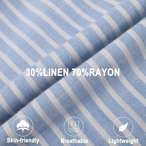 Isle Bay Linens Lightweight Breathable Linen Shirt for Men - Long Sleeve Casual Business Shirt Striped Blue Color4