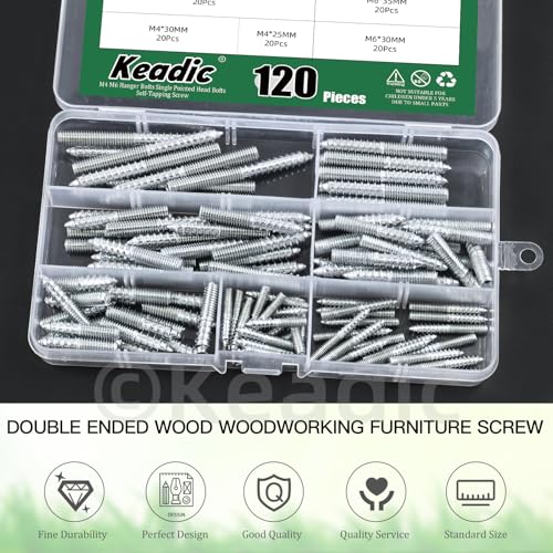 Image of Keadic 120Pcs Hanger Bolts, Silver Zinc Plated Hangers Bolt, M4 M6 Single Headed Bolts Self-Tapping Screw Hanger Bolts Wood Dowel Screw for Furniture