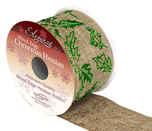 Eleganza Wireform 9 m x 63 mm à Ruban en Toile de Jute avec Fil de Fer Motif Vert Houx