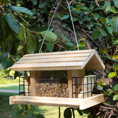 Liawm Wooden Bird Feeder for Outdoors Hanging Mount Large Capacity, Pine Garden Roof Feeder with 2 Suet Cages, Cardinal Bluebird Birdfeeder for Garden Decoration Yard, Weatherproof Durable