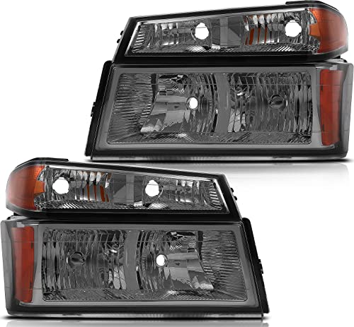 LBRST Headlight Assembly For Chevrolet Colorado 2004-2012 For GMC Canyon 2004-2012 For Isuzu i-280 2006 Chrome Housing Amber Reflector Smoke Lens Driver and Passenger Side Headlamp