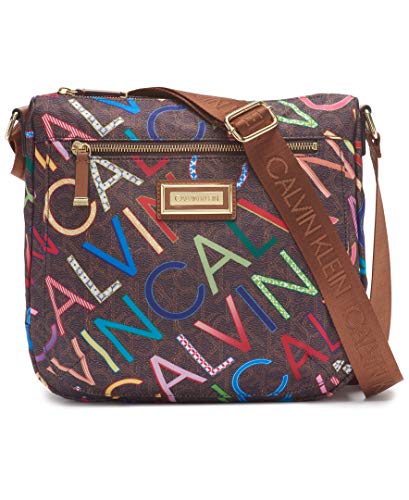 Calvin Klein womens Belfast Nylon Top Zip Messenger Crossbody, Brown Multi Logo, One Size
