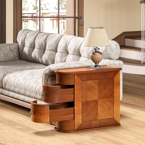 LITTLE TREE Wood End Table with 2 Drawers Sofa Side Table, No Assembly Required Vintage Slim Nightstand Bedside Table for Bedroom