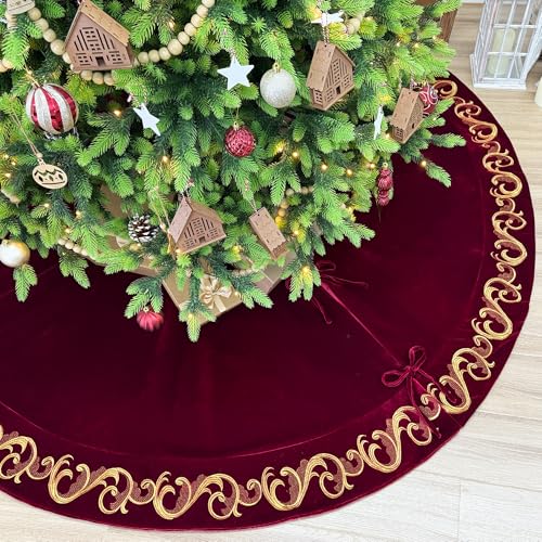 84-Inch Burgundy Velvet Christmas Tree Skirt with Golden Swirl Embroidery, Foam-Padded, Elegant Lace Tie Closures