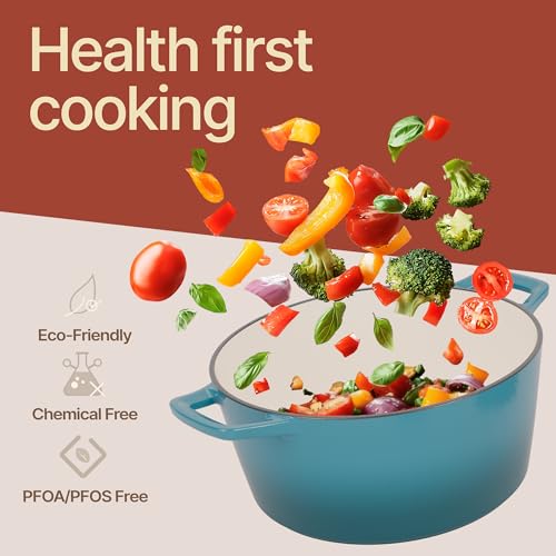 Image of Bakken Enameled Cast Iron Dutch Oven Pot, 6QT Dutch Oven for Bread Baking, Braising & Roasting, Kitchen & Campfire Cooking, Moisture-Locking Lid, Oven Safe Up To 500F, Works on All Cooktops, Teal