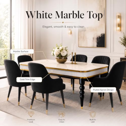 Image of 6-Seater Dining Table Set with Nano Composite Marble Top | Golden PVC Wooden Base | Includes 6 Fabric Upholstered Chairs | 2 Year Warranty | Dining Room Furniture Set for Home