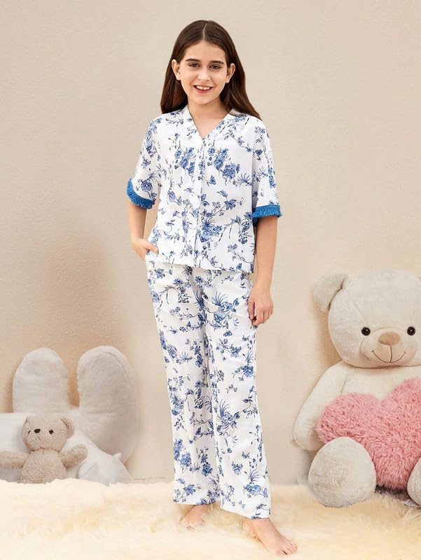 Image of Night Dress for Kids Girls, Button-Down Pajama Set Night Dress, Long Sleeve Top and Pants with Ruffle Trim, Textured Cotton Sleepwear for Lounging