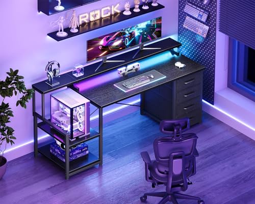 Image of ODK 55 Inch Computer Gaming Desk with LED Lights & 4 Drawers, Home Office Desk with Monitor Stand & Storage Shelves, Black