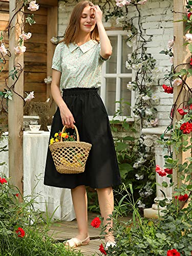 Allegra K Women's Cotton A-Line Skirt Elastic Waist Casual Peasant Midi Skirts with Pockets3