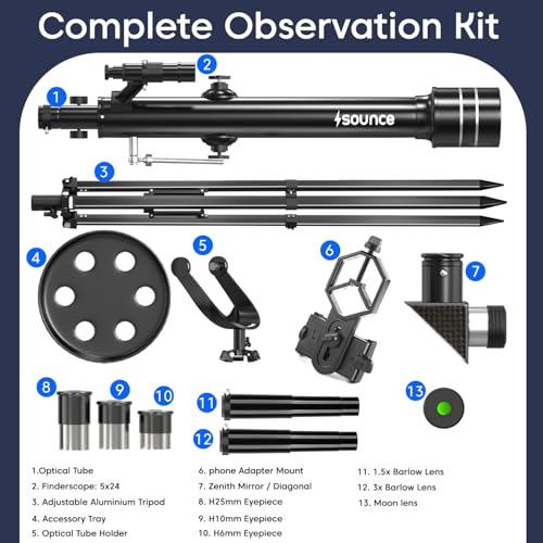 Image of Sounce Astronomical Land Sky Refractor Telescope with 28x 350x Zoom Fully Coated Glass Optics Alt Az Mount for Beginners Professionals to Explore Moon Saturn Rings Planets and Deep Sky Objects (Black)