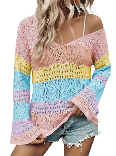 Image of Cakulo Womens Summer Crochet Tops Boho Off Shoulder Sweaters Lightweight V Neck Loose Vacation Resort Wear 2026
