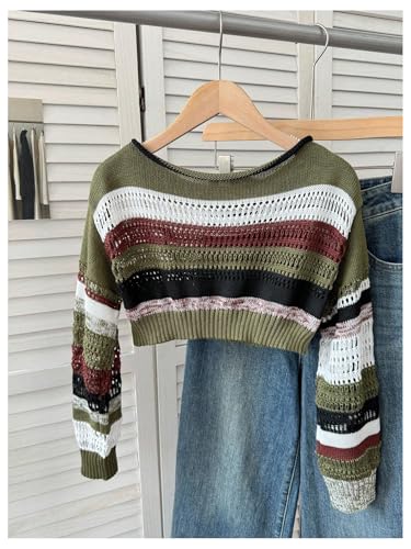 Girl's Striped Hollow Out Cropped Sweater Boat Neck Long Sleeve Crochet Crop Top Drop Shoulder Pullover Tops2