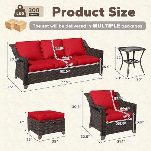 Image of 6 Piece Patio Furniture Set, Wicker Outdoor Conversation Set | Patio Chair Set with Olefin Removable Cushion, All-Weather Outdoor Couch with Deep Seat for Porch, Deck and Backyard, Red