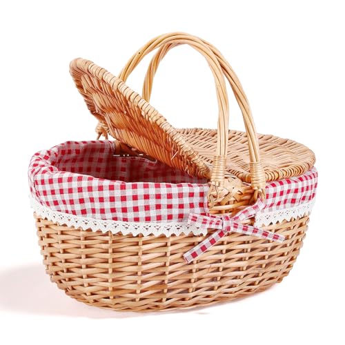 Wicker Picnic Basket Panier Pique Nique, Grand Panier de Rangement avec Double Couvercle Rabattable...