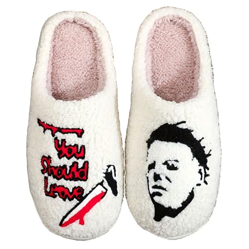 WIRETRAN Womens Mens You Should Leave Slippers Halloween Horror Slipper Fluzzy House Couple Shoes 41-42