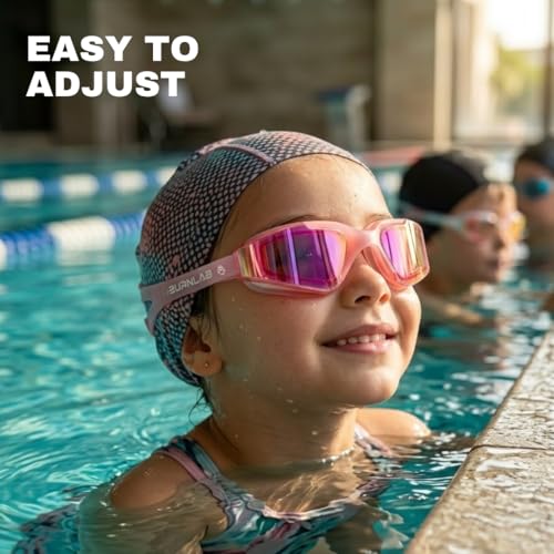 Image of BURNLAB Kids Mirrored Lens Swimming Goggles for Pool and Outdoor Swimming, Adjustable Fit, kids Boys and girls (pink)