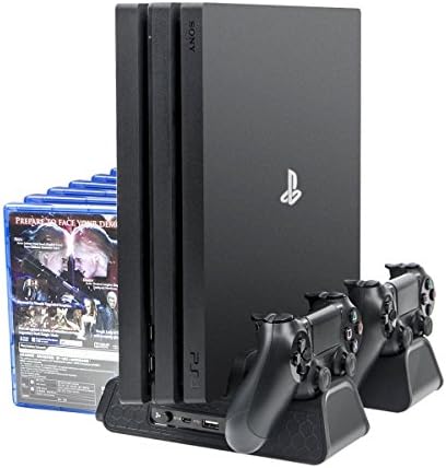PS4 Vertical Stand, Megadream 12pcs Discs Storage Game Tower, Dual Controller Charging Dock Station, 3 Fans Cooler Cooling Stand with USB Expansion Hub for Sony Playstation PS4, PS4 Slim, PS4 Pro