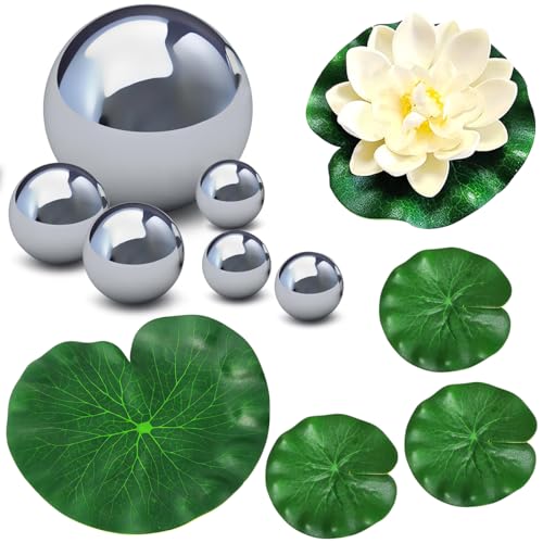 QIMMU Mini Bassin Décoratif,Décoration De Bassin,Mini Décoration D'étang,Fleurs De Lotus Artificielles,avec 6 Boules Flottantes, 4 Feuilles De Lotus,Idéal...