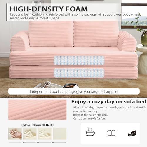 Image of HANXIN 80 Inch Convertible Sleeper Sofa Bed, High Back Plush Corduroy Folding Floor Mattress Couch with Fixed-Shape Frame, Boneless Futon Loveseat with Pull Out Bed, No Assembly Required (Pink)
