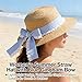 Women's Wide Brim Straw Sun Hat, Blue Gingham Ribbon with Lace Trim, Natural Beige