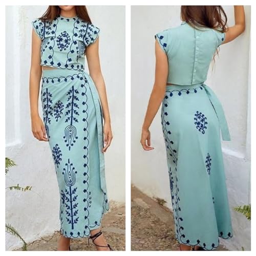 MOLERFO Linen Set Embroidery Two Piece Sets for Women Summer Boho Maxi Skirt Set 2 Piece Sets for Women Going Out (Blue,XS)3