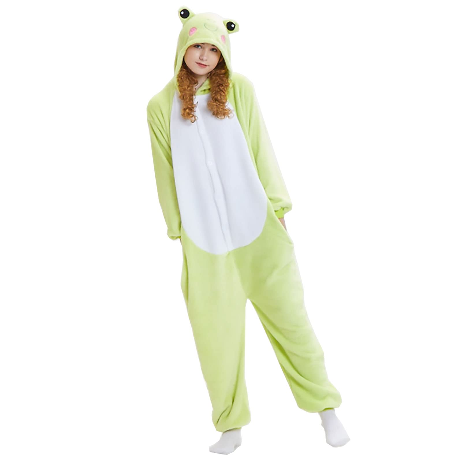 SLDAGe Adult Cartoon Onesie Pajama, Plush Cosplay Frogs Animal Costume Novelty Hooded Pajamas Animal Party Halloween Dress Up Christmas Gifts,Green,M