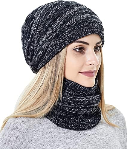 2 in 1 Womens Slouchy Beanie Hat and Scarf Set Fleece Lined Knit Ski Hat Winter Warm Cap and Neck Warmer for Girls
