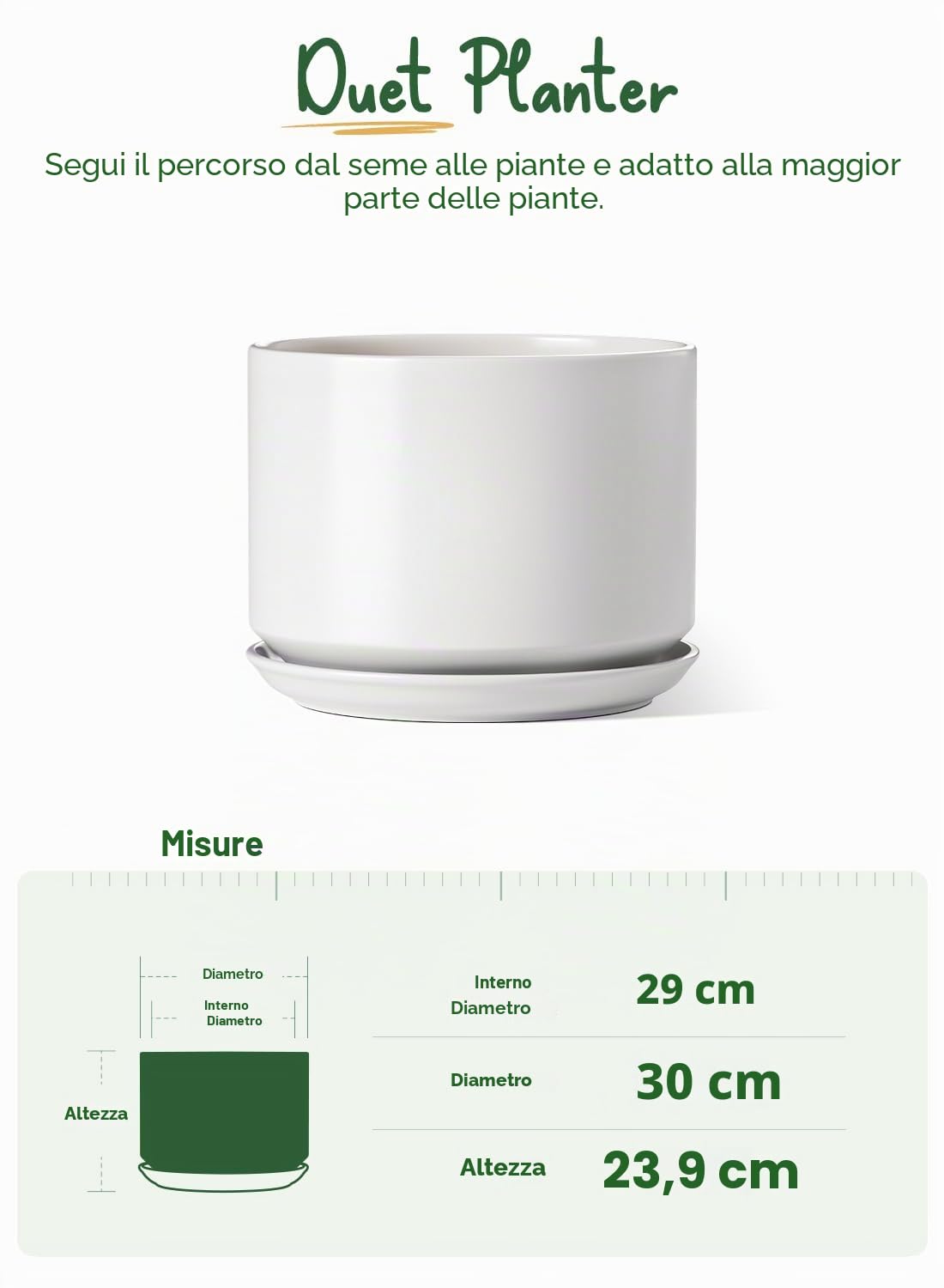 LE TAUCI Vaso per Piante da 30 cm, Vaso con Sottovaso Integrato e Foro di Drenaggio, Vaso in Ceramica Grande, Moderno e Resistente per Casa o Ufficio, Bianco Smalto Opaco