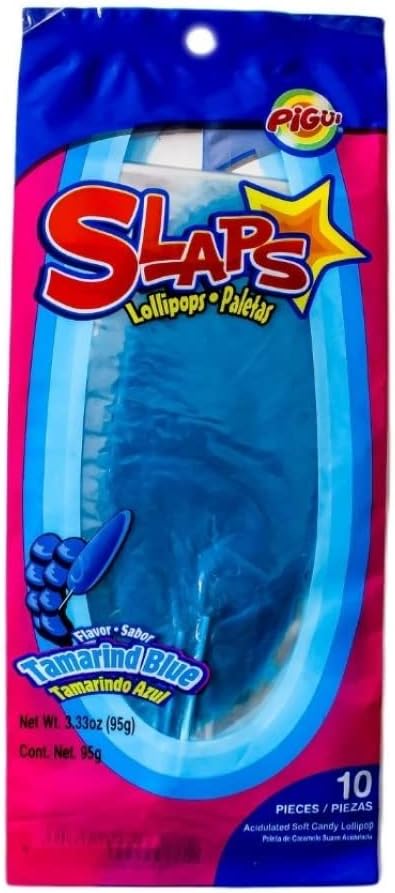 Dulces Pigui Slaps Tamarind Blue Flavor Paletas Mexican Candy (10 Lollipops)