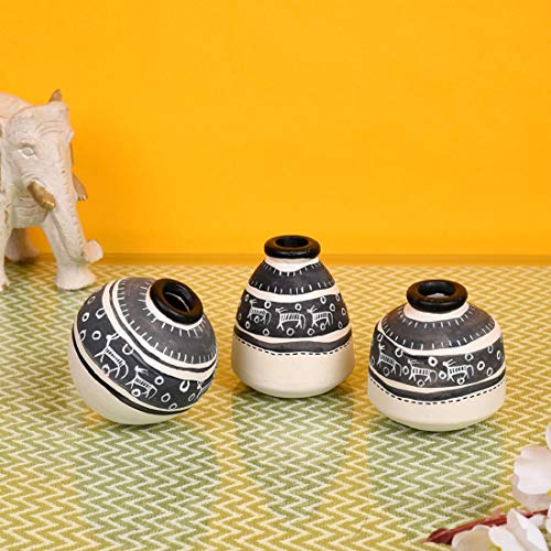 Image of AAKRITI ART CREATIONS Wooden Wall Decor Set with 2 Shelves & 3 Warli White Pots | Wooden Wall Hanging Shelves with Terracotta Vases | Matte Finish Decorative Wall Art for Living Room & Gifting