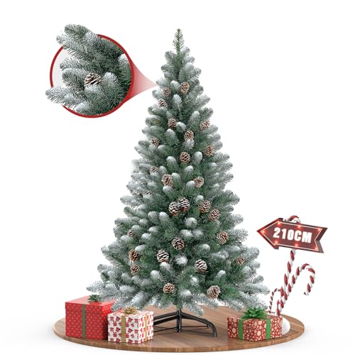 Alpstorm Sapin de Noël Artificiel 210cm - Sapin en PVC à Pointes Vertes avec Points Blancs et Cônes de Pin, Support Métallique Inclus (210cm, Vert à Pointes Blanches avec Cônes, sans Éclairage)