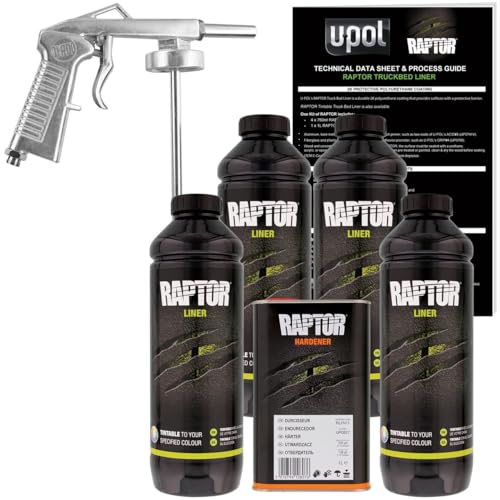 U-POL Raptor Tintable 0821VG with Spray Gun Bed Liner Kit 4 Quarts 2K Urethane UV Resistant Protective Coating DIY Spray-On Truck Bed Liner