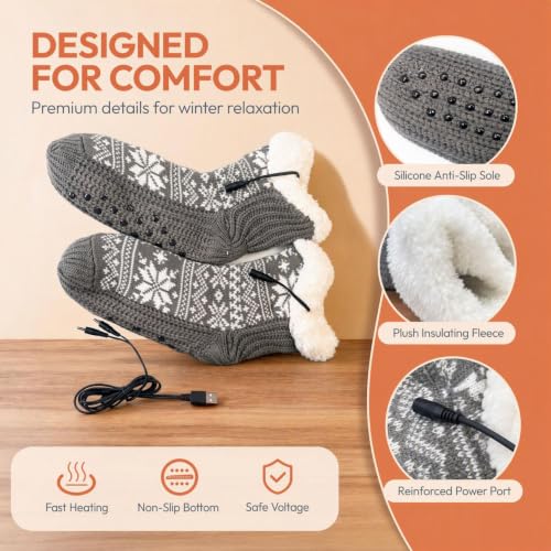 2 Pack Christmas Snowflakes Print USB Heated Socks Womens Fuzzy Socks，Grey - image 6