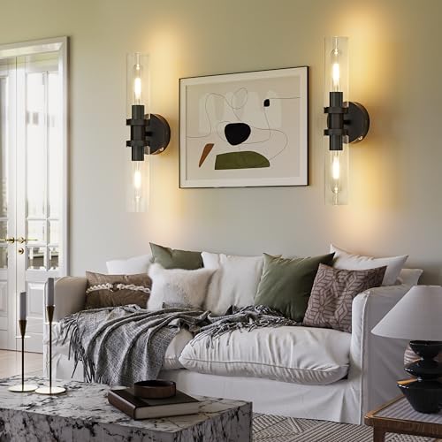 Image of Rayogale Black Wireless Battery Operated Wall Sconce with Remote Control | Dimmable Rechargeable Wall Lights Set of 2, Timer, No Hardwire, Touch Control, 8000mAh, 3000K, Glass, Emergency, 16.5 Inch