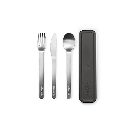 Brabantia - Cutlery Set with Case Make & Take - 3 pcs: Knife, Spoon & Fork - Hygienic Compact Design - Stainless Steel - Dishwasher Safe - Travel Kit - Dark Grey