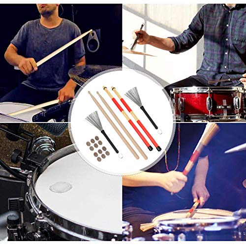 Juego de baquetas para batería, 1 par de cepillos de alambre y 1 par de baquetas clásicas 5A de madera de arce, para niños y adultos, rock, jazz y folk, con bolsa de terciopelo miniatura 2