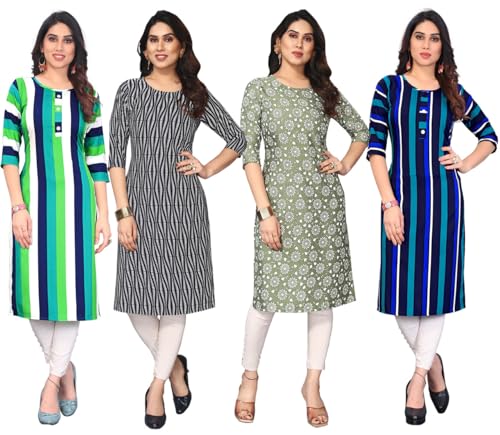 Image of JAKHANA Women's Crepe Printed Casual Straight Calf Length Round Nick Kurta Pack of 4